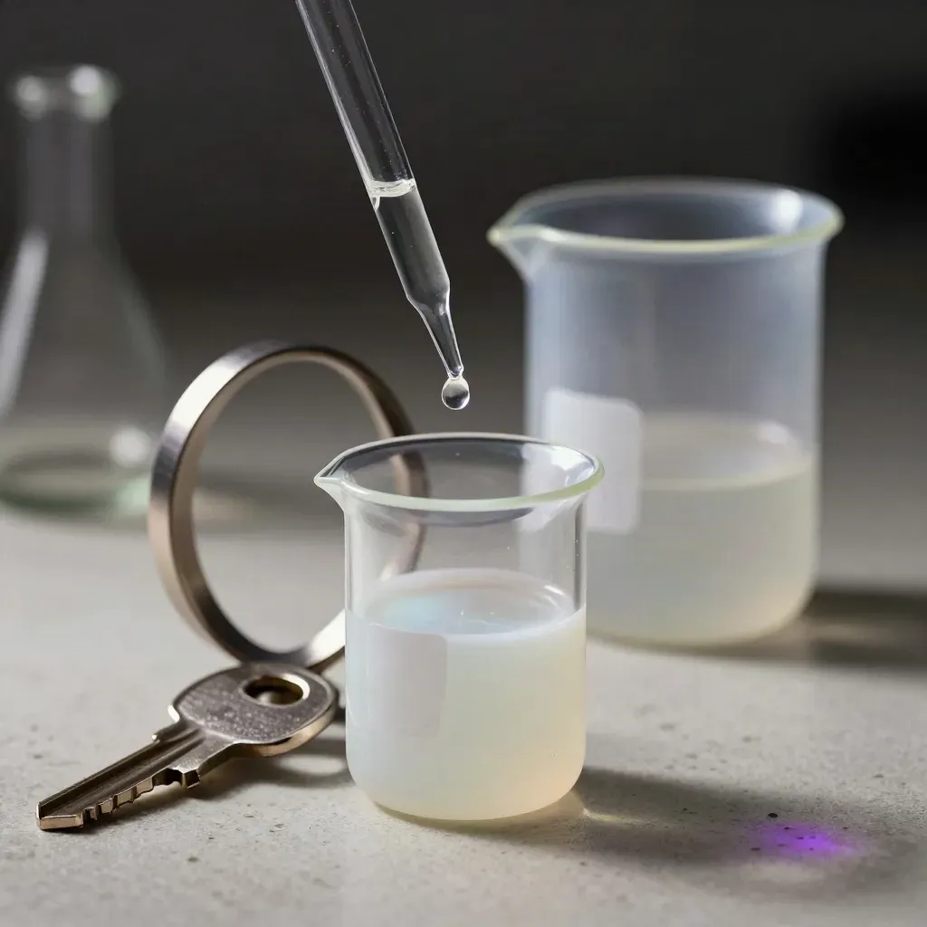 Pipetta, becher opalino e supporto metallico in un set da laboratorio con goccia sospesa.