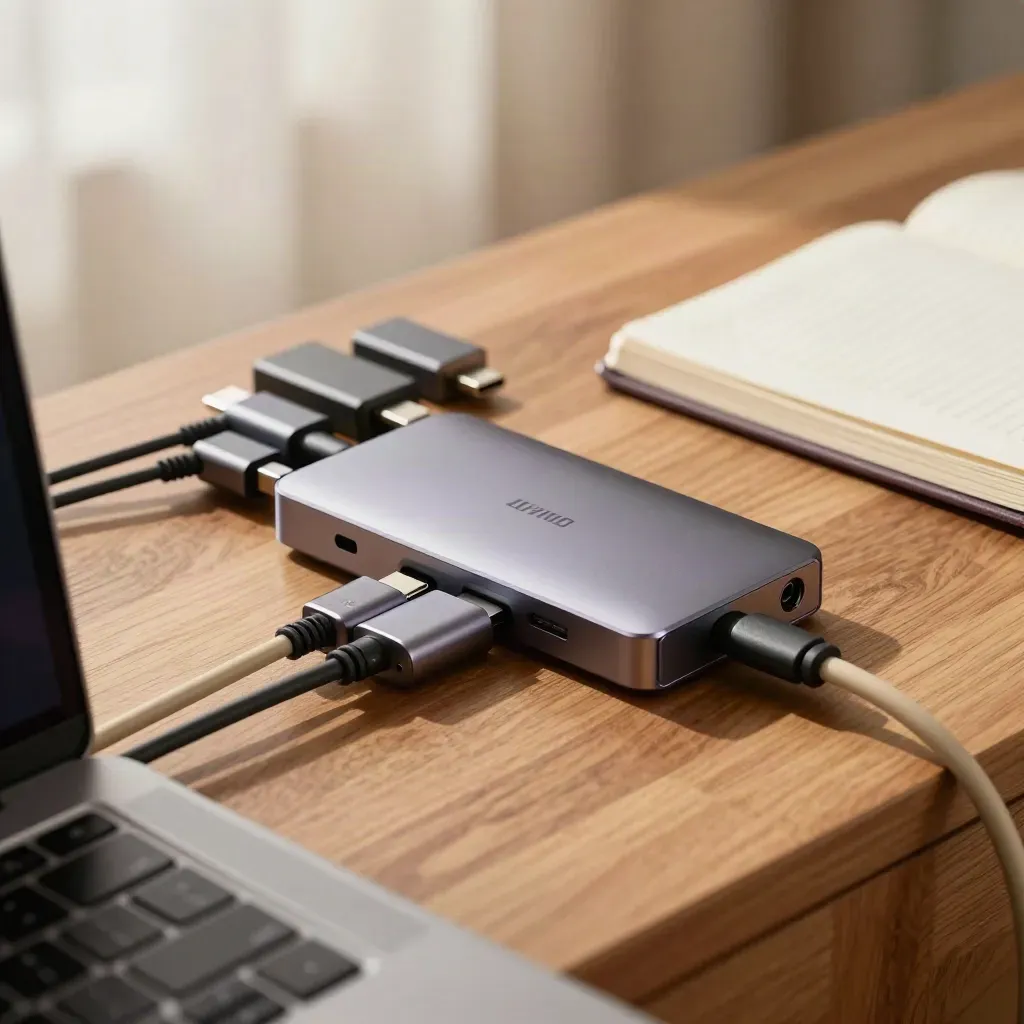 Hub USB-C, cavi intrecciati, SSD esterno e adattatori su legno caldo con laptop sfocato.