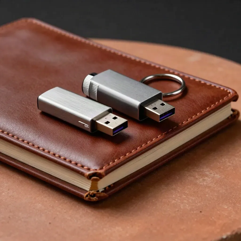 Taccuino in pelle, dongle USB, adattatore multiporta e anello porta-carte su una base di terracotta.