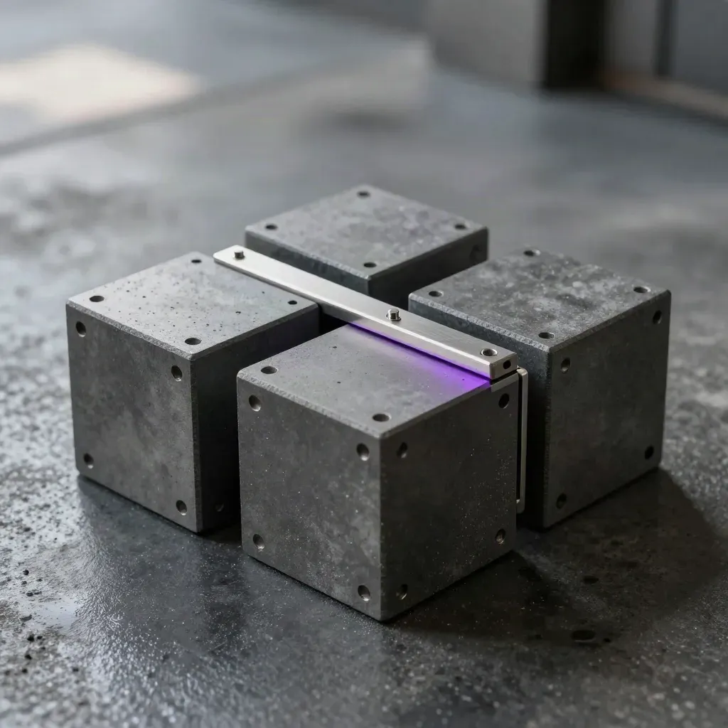 Moduli quadrati metallici su cemento scuro, un modulo appena inserito e luce fredda laterale.