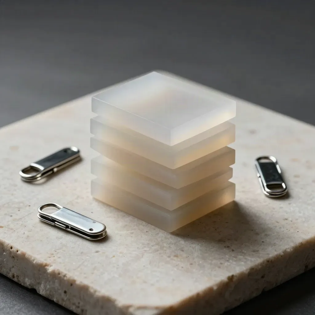 Blocchi magnetici, fogli traslucidi e fermagli cromati su pietra chiara, luce radente.